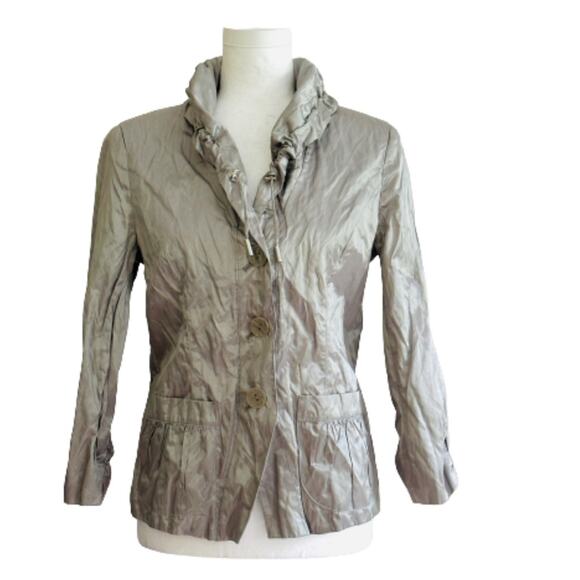 Chico’s Jacket Gray Green Metallic 3/4 Sleeve Ruffle Collar Rain Jacket Small - Picture 11 of 11